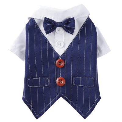 China Small dog clothes dress sale wedding blue stripe bow tie doubles summer viable hot pet apparels for sale