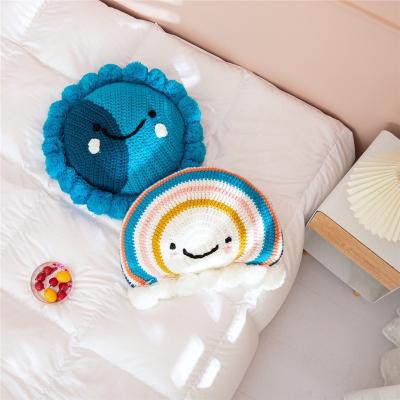 China 100% Hot Sale 100% Acrylic Anti-Static Kids Sofa Pillow Nordic Knitted Ball Pillows Children's Bedroom Rainbow Pom Pom Cushion Cover for sale