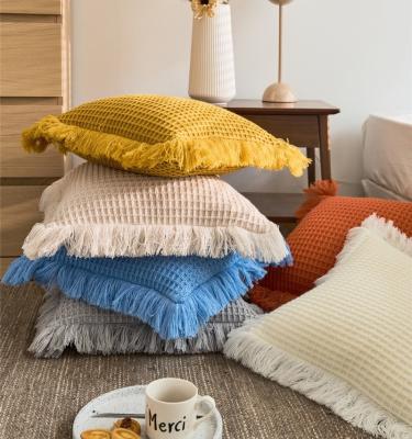 China Anti-Static Mustard 18*18 Waffle Check Pillow Cover With Fringes Living Room Pillows Bed Pillows Cushion Cover Modern Home Decorative for sale