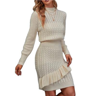 China Anti-wrinkle Cable Knit Ruffle Trim Sweater Dress Knit Sweater Women's Sweater for sale