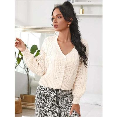 China Anti-wrinkle wholesale price cos woman solid cable knit drop shoulder cardigan wit knitted sweater for sale