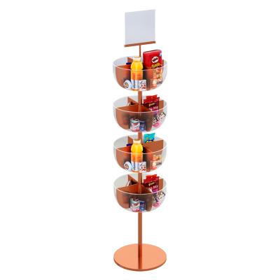 China Hot retail metal snack bar clean round logo design floor stand self service gold jelly candy display rack on sale for sale