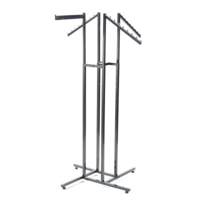 China Freestanding Metal Clothing Store Store Metal Chrome Rail 4 Way Clothing Display Rack With Roller Wheel for sale