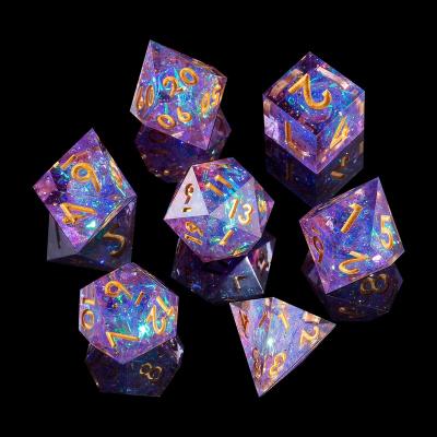 China Dnd Game DND Dice Set MINI PLANET Dungeons and Dragons Die Cut Set with Sharp Edges and Purple Glitter Inclusions Galaxy Dice Set for sale