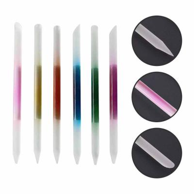 China Customized Eco-friendly Logo Premium Nail Cares Cuticle Pusher Glass Ticking With Pink Blue Green Purple Yellow for sale