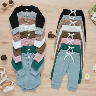 China Solid Color Breathable Long Sleeve Baby Romper Set Knitted 100% Cotton Newborn Baby Clothes Sets for sale