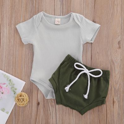 China New Style Breathable Customized Simple Ribbed Organic Short Infant Rope Baby Romper + Rope Set for sale