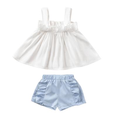 China Fashion Fashion 18 Months Baby Summer Clothes Blue Pleated Top Suit Shorts White Skirt for sale