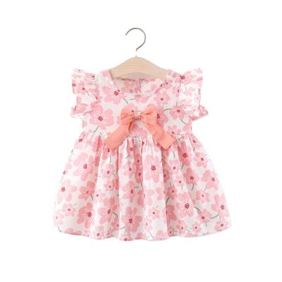 China Baby Girl Dress Cotton Soft Flower Print Bow On Chest Sleeves Dress Baby for sale