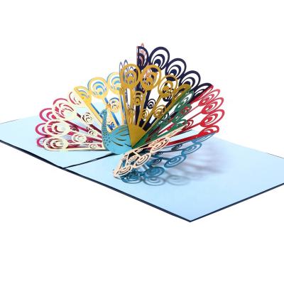 China Viet Nam Custom Laser Cut Paper Crafts Colorful 3d Peacock Pop Up Gift Cards With Envelope for sale