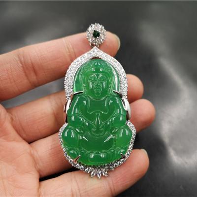 China TRENDY 925 sterling silver green natural jade agate large chalcedony guanyin pendant jewelry for sale