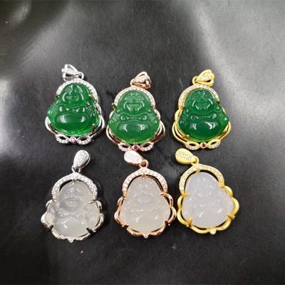 China HOT SALE 925 FASHIONABLE Small Green Chalcedony Agate Jade Buddha Silver Plated Inlaid Female Green Pendant Necklace With Chain for sale