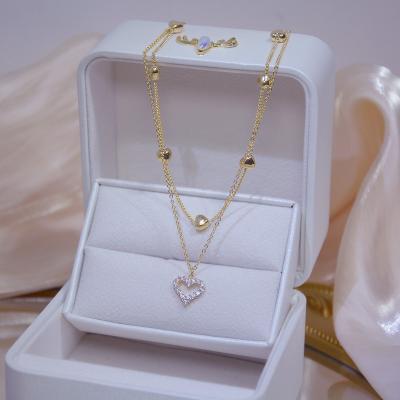 China Real 14k Gold Double Layer Heart Bling AAA Zircon Necklace Women Clavicle Chain Charm Wedding Elegant Shiny TRENDY Dangling Jewelry for sale