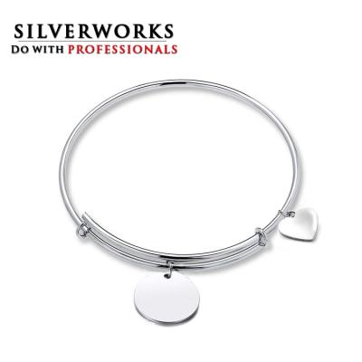 China SILVERWORKS Engravable SILVERWORKS Grade 316L Stainless Steel Heart Shape Thin Wire Bangle Adjustable Titanium Bracelet for sale