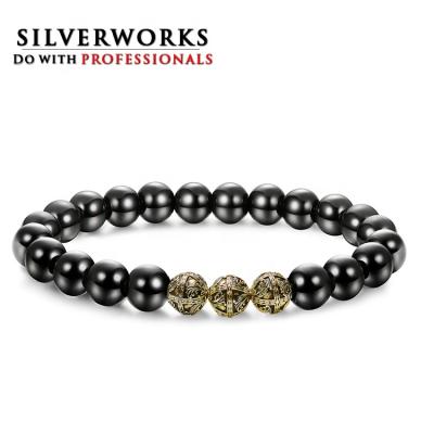 China Vintage SILVERWORKS Custom Black Obsidian Mens Beaded Elastic Bracelet with Sterling Silver Spacer Beads for sale