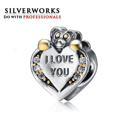 China Engrave Silver Animal Charm Beads Bear Beads Bracelet Silver Jewelry Engraved I Love You Charm 925 Silver for sale