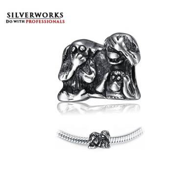 China 3 Three Wise Monkeys Crystal Antique 925 Sterling Silver Animal Charm Bead Fit Men's Bracelet for sale