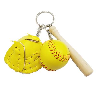 China Sports Gift White Color PU Leather Key Chain Baseball And Wood Bat Glove Sports Key Ring Set for sale