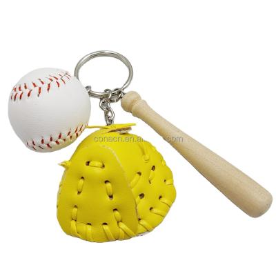 China Wholesale 2021 Sports Gift Baseball Glove Wooden Bat Key Chain Sports Car Three-piece Key Ring Set for sale