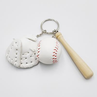 China Sports Gift White Color PU Leather Key Chain Baseball And Wood Bat Glove Sports Key Ring Set for sale