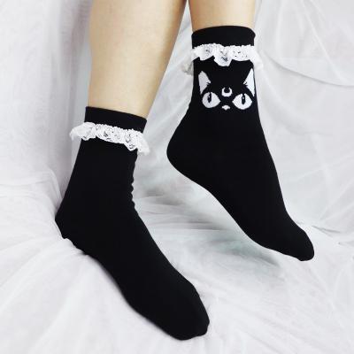 China QUICK DRY Girls Black Cat Fashion White Lace Ruffle Ankle Princess Socks for sale