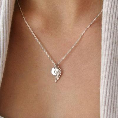 China Wholesale Tasty Memorial Jewelry 925 Sterling Silver Personalized Disc Angel Wing Necklace Initial Nickel Free for sale