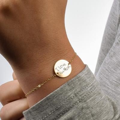 China Nickel Free Delicate Personalized Handwriting Bracelet 925 Sterling Silver Initial Engrave Disc Coin Bracelet for sale