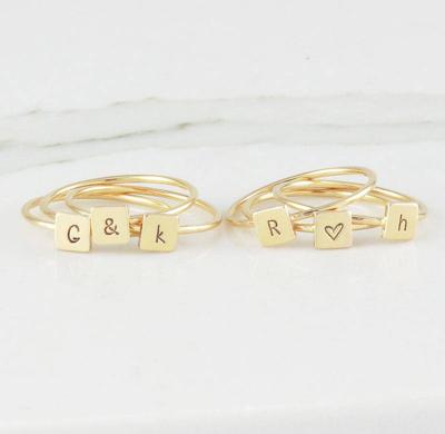 China Tasty Nickel Free Minimalist Gold Filled Letter Engraved Custom 925 Sterling Silver Personalized Initial Square Ring For Women for sale