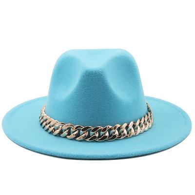 China 2021 New Fashion Women's Overflowing Elegant Wool Solid Color Fedora Hats With Gold Chain for sale