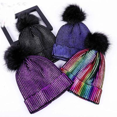 China COMMON Hot Sale Unisex Hot Gold Silver Metallic Shiny Knit Hats Winter Beanie Hat With Pom for sale