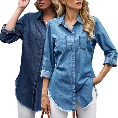 China 2021 Custom Color Logo Woman Tops Fashionable Solid Anti-pilling Denim Tops Long Sleeve Women for sale