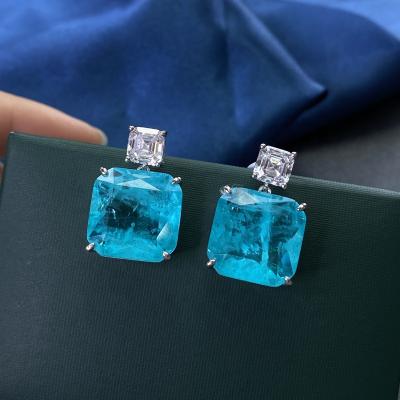 China Sparkle Solid Cute Diamond Fine Jewelry Drop Earring High Carbon Tourmaline Gemstone 925 Sterling Silver Emerald Cut Luxury Paraiba for sale