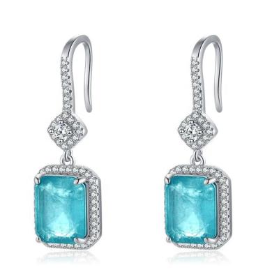 China Cute Vintage 925 Sterling Silver 8*10mm Emerald Cut Paraiba Tourmaline Gemstone Drop Dangle Fine Diamonds Earrings Jewelry Gift for sale