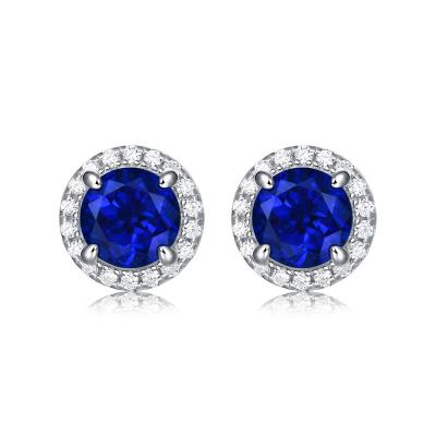 China Fashion Romantic Jewelry 925 Silver Diamond Halo Earrings 1ct Round Created Sapphire Stud Earrings For Women Blue for sale