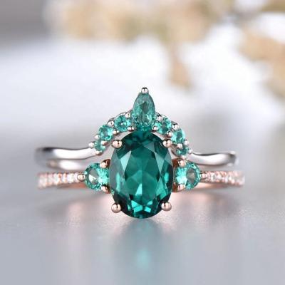 China CLASSIC Antique Oval Emerald Engagement Ring Set Rose Silver Gold Plated Simple Rings Jewelry Women for sale