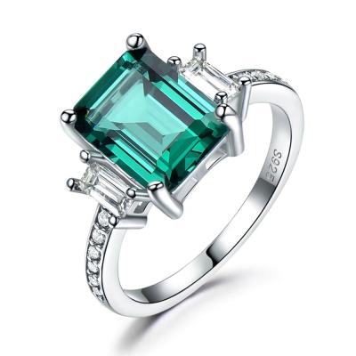 China New 925 Sterling Silver Jewelry CZ Emerald Cut Green Nano Emerald Diamond 7*9MM CLASSIC Engagement Ring for sale