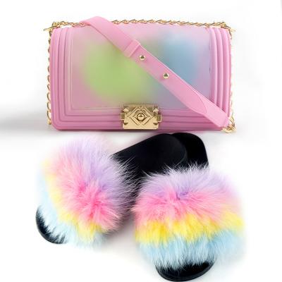 China Lady Fur Slides Set 2021 Fashion Selling Matching Purse and Shoe Sets Shoes and Bags Match Women Set /handbags for women for sale