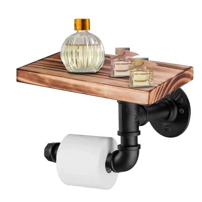 China Industrial Industrial Toilet Paper Holder, Industrial Style Pipe Wood Wall Mounted Toilet Paper Holder With Shelf Amazon Hot Selling for sale