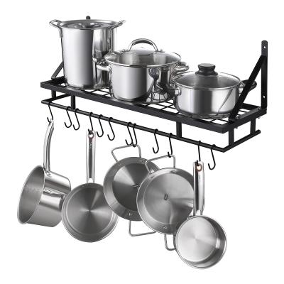 China Viable Kitchen Pan Pot Rack Wall Mounted Storage Wall Shelf Hanging Organizer with 12 Hooks Matte Black for sale