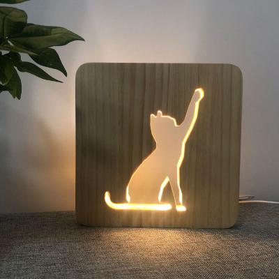 China Creative 3D Cat Wood Lamp Led Warm Table Lamp USB White Wooden Decorative Light USB Night Light Warm Decoration for sale