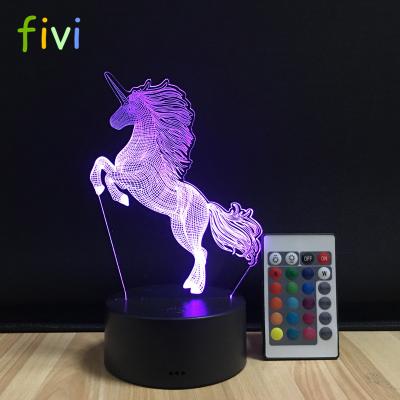 China Novelty Kawaii Decoration Unicorn 3D LED NIGHT LAMP USB Animal Multicolor Illusion Lamp Acrylic Christmas Lighting for sale