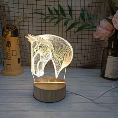 China Decoration Kids Room 3d Night Led Blood Horse Small USB Powered Night Light Wooden Base 3D LED Table Light for sale