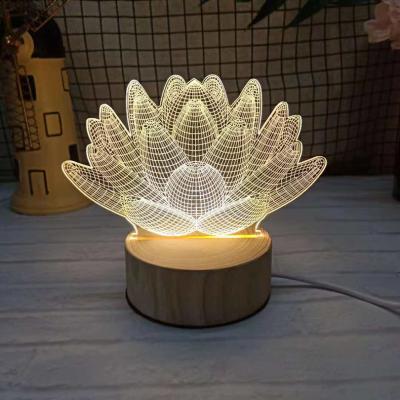 China Zhongshan Custom Children's 3D Decoration Zhongshan Custom Children's 3D Lotus Night Light LED Desk Lamp USB Wooden Table Lamp Optical Illusion Base Lamp for sale