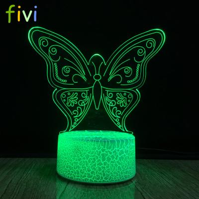 China Decorative Butterfly 3D Night Light 3D LED Night Light Optical Illusion 7 Colors Touch Table Desk Crack Base Visual Lamp for sale