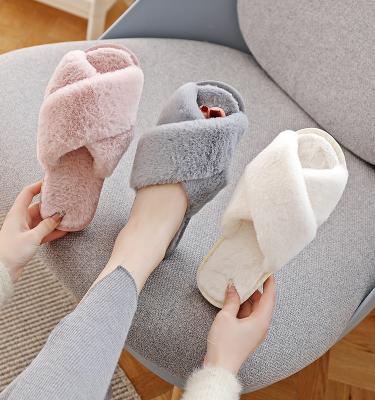 China CUSHIONING Women Bedroom Slippers Faux Fur Fashion Shoes Woman Warm Slip On Flats Female Black Pink Comfortable Home Hairy Slippers for sale