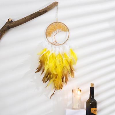 China India DIY Hanging Handmade Life Catcher's Dreamcather Yellow Gemstone Gem Feather Tree for sale