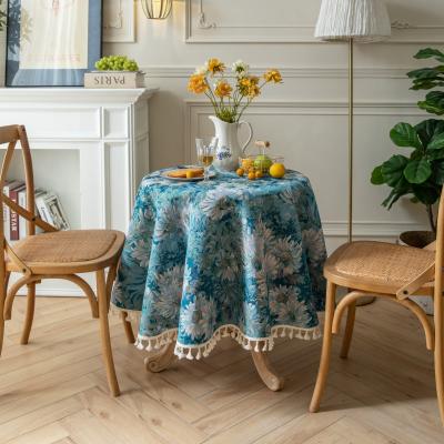 China Decorative American Style Oil Painting Table Cloth Jacquard Round Blue Floral Tablecloths for sale