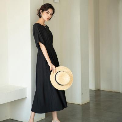 China Anti-Shrink Minimalist Women Dress Spring Summer Casual Solid Short Sleeve Up Elegant O Neck Waist Dress for sale