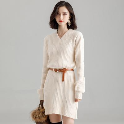 China Vertical Stripe Anti-static Wholesale Belt V-collar Sweater Woman Slim Sweater Dress for sale