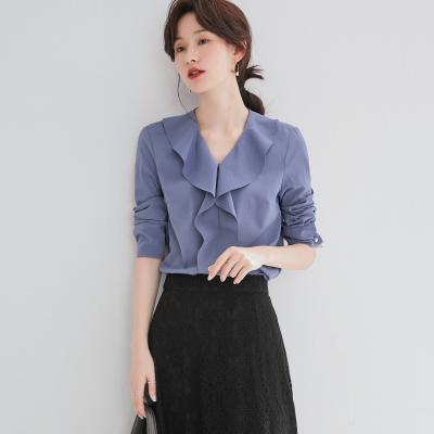 China Autumn Korean Women's Lotus Edge Chiffon Chiffon Long Sleeve Shirt Anti-Shrink V-Neck Blouse for sale